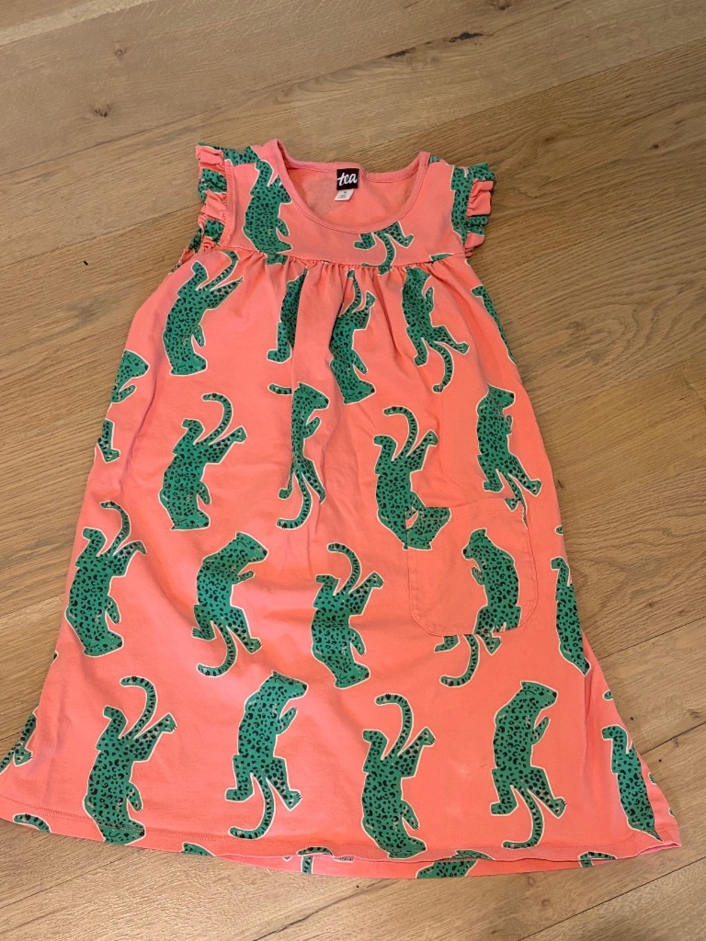 TEA COLLECTION GIRL'S PEACH GREEN TIGER DRESS SIZE 10